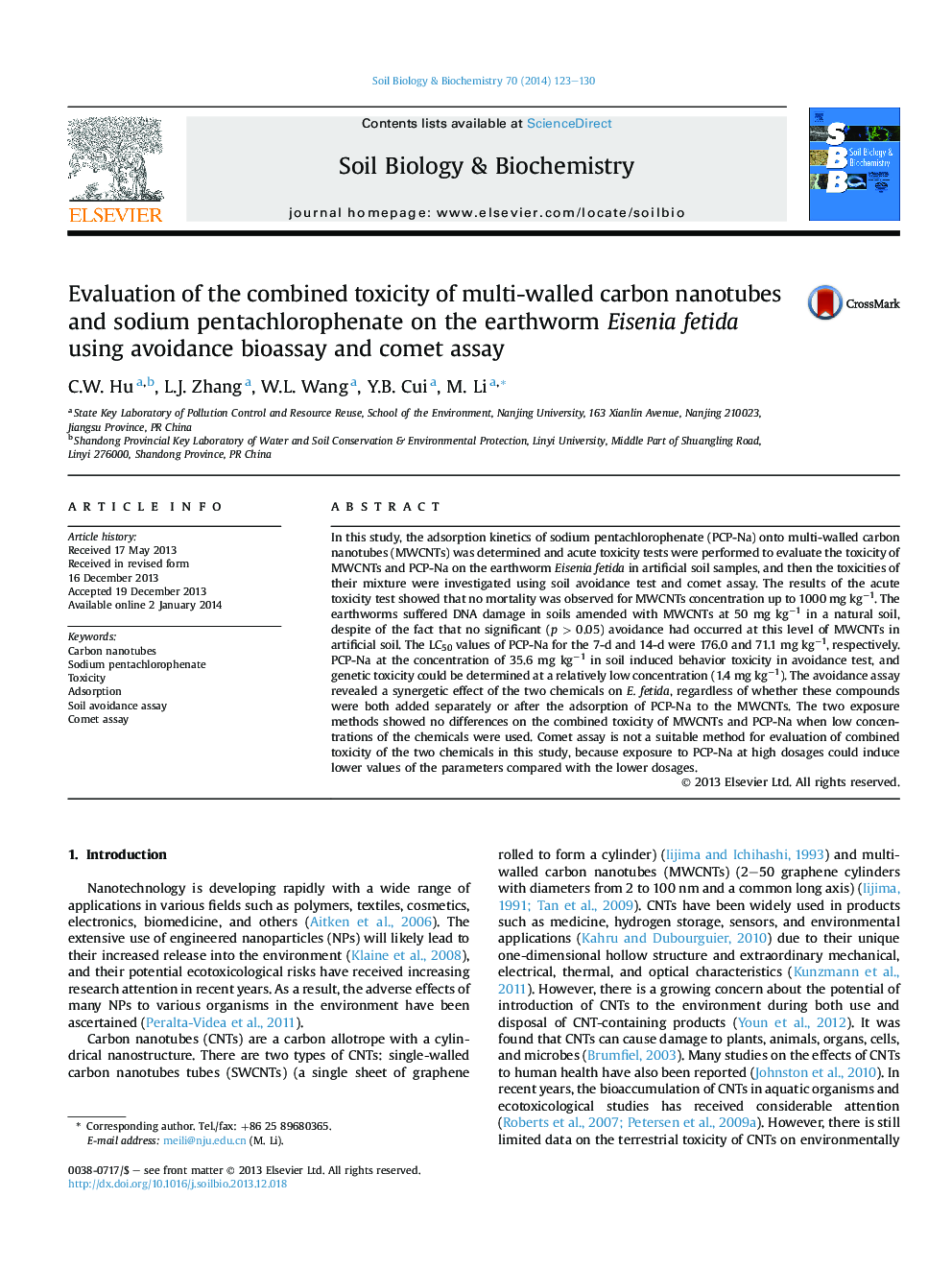 Evaluation of the combined toxicity of multi-walled carbon nanotubes and sodium pentachlorophenate on the earthworm Eisenia fetida using avoidance bioassay and comet assay