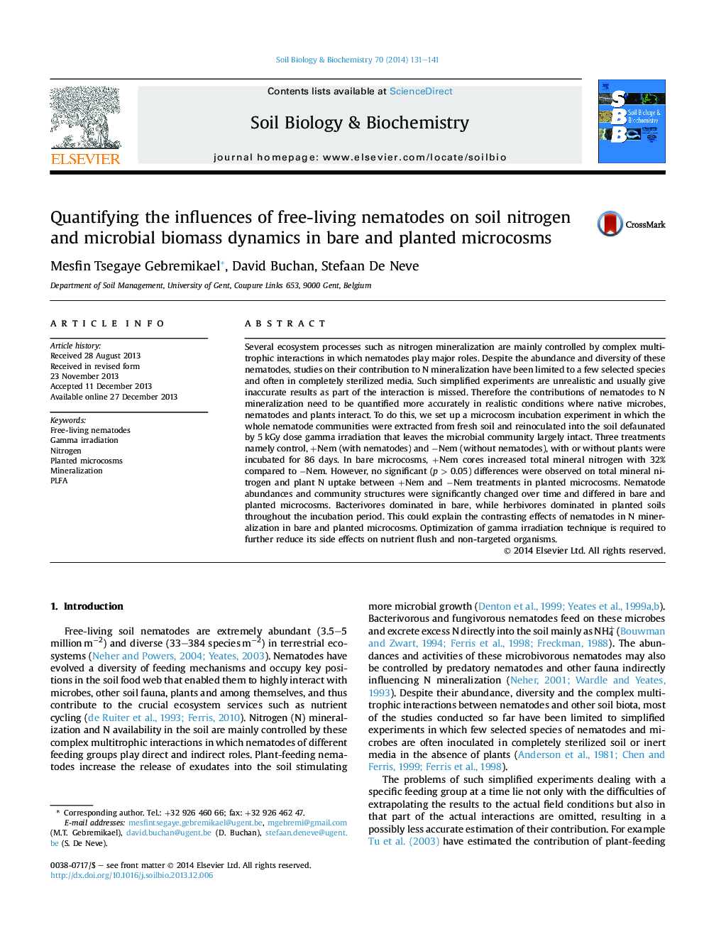 Quantifying the influences of free-living nematodes on soil nitrogen and microbial biomass dynamics in bare and planted microcosms