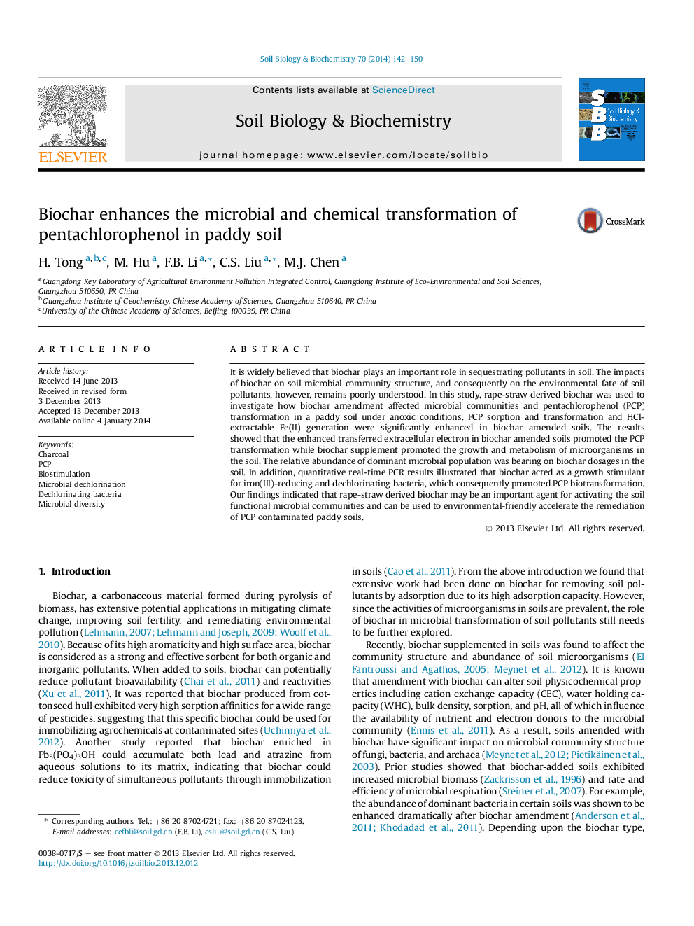 Biochar enhances the microbial and chemical transformation of pentachlorophenol in paddy soil