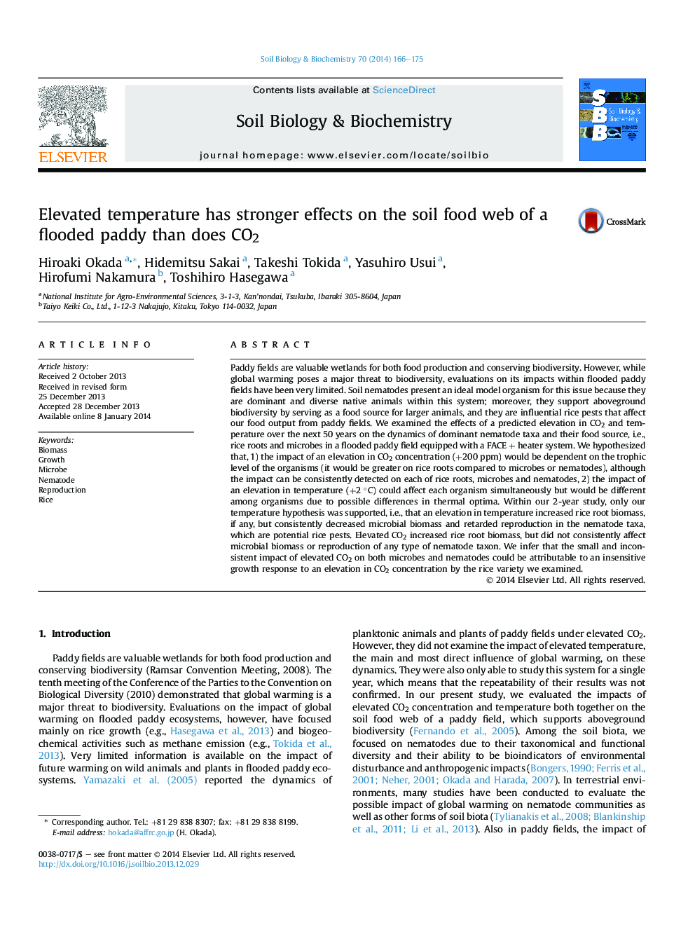 Elevated temperature has stronger effects on the soil food web of a flooded paddy than does CO2