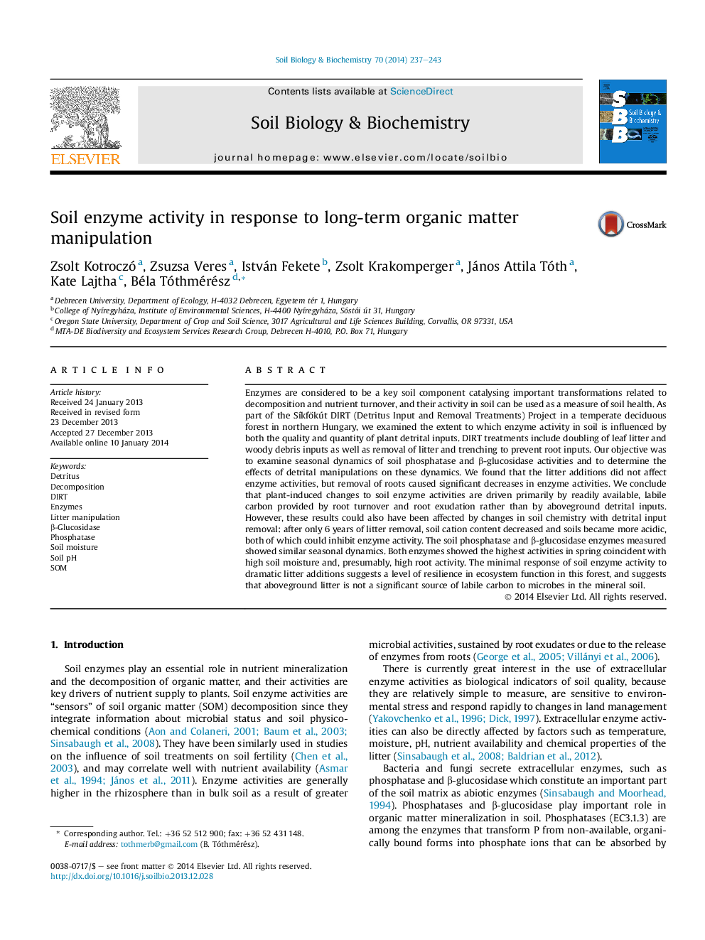 Soil enzyme activity in response to long-term organic matter manipulation