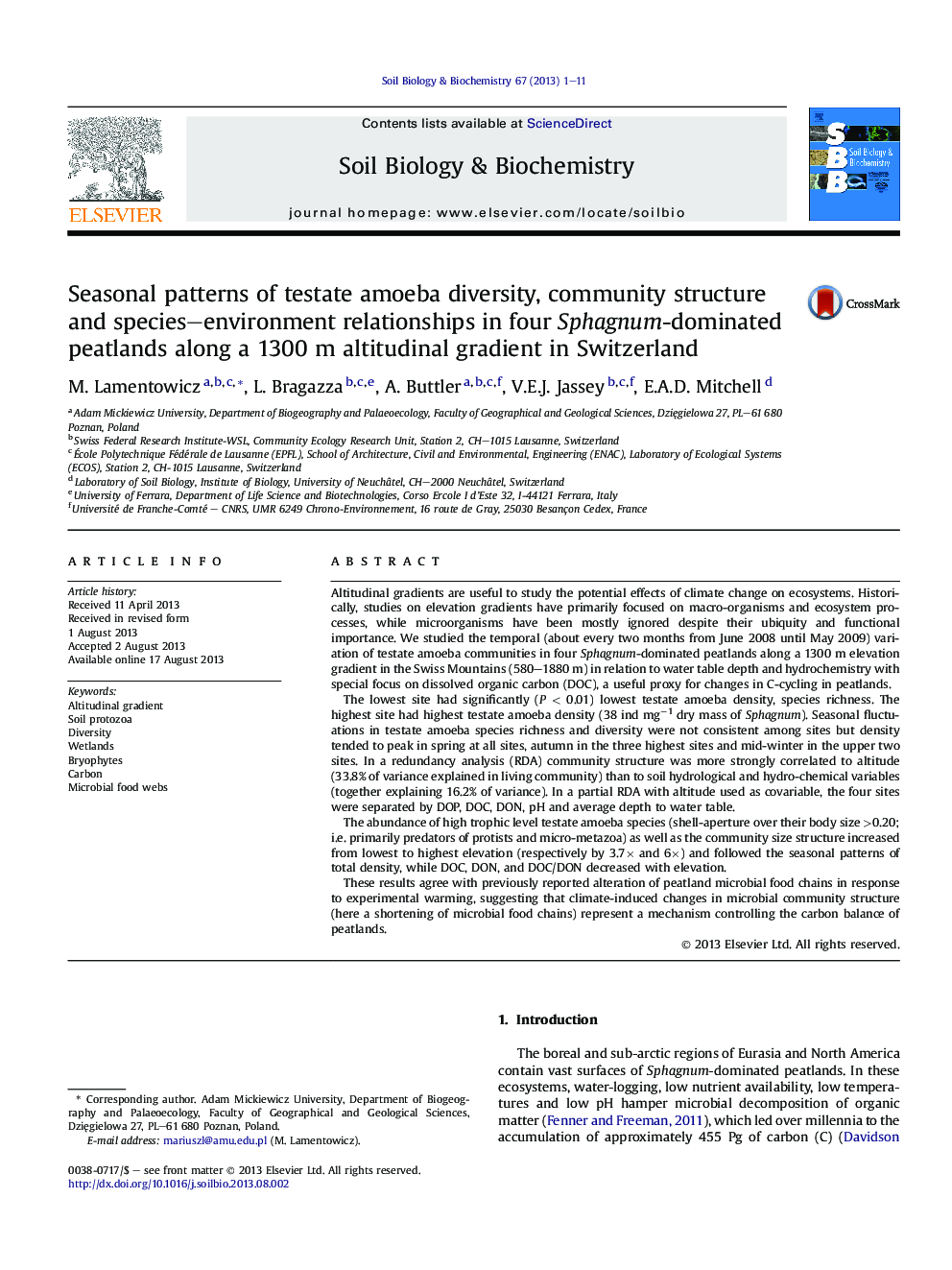 Seasonal patterns of testate amoeba diversity, community structure and species-environment relationships in four Sphagnum-dominated peatlands along a 1300Â m altitudinal gradient in Switzerland