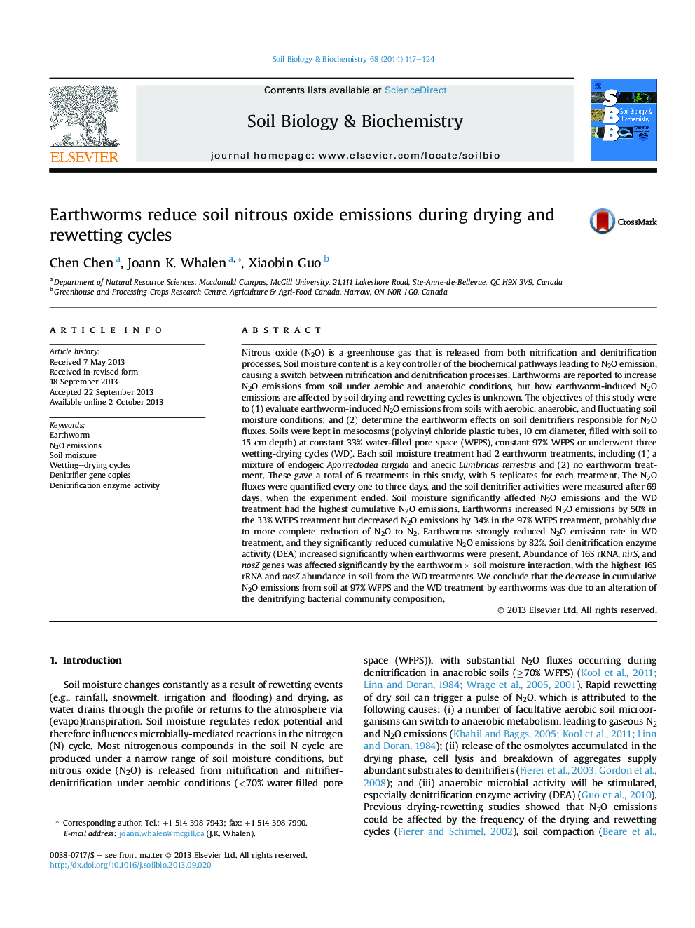 Earthworms reduce soil nitrous oxide emissions during drying and rewetting cycles