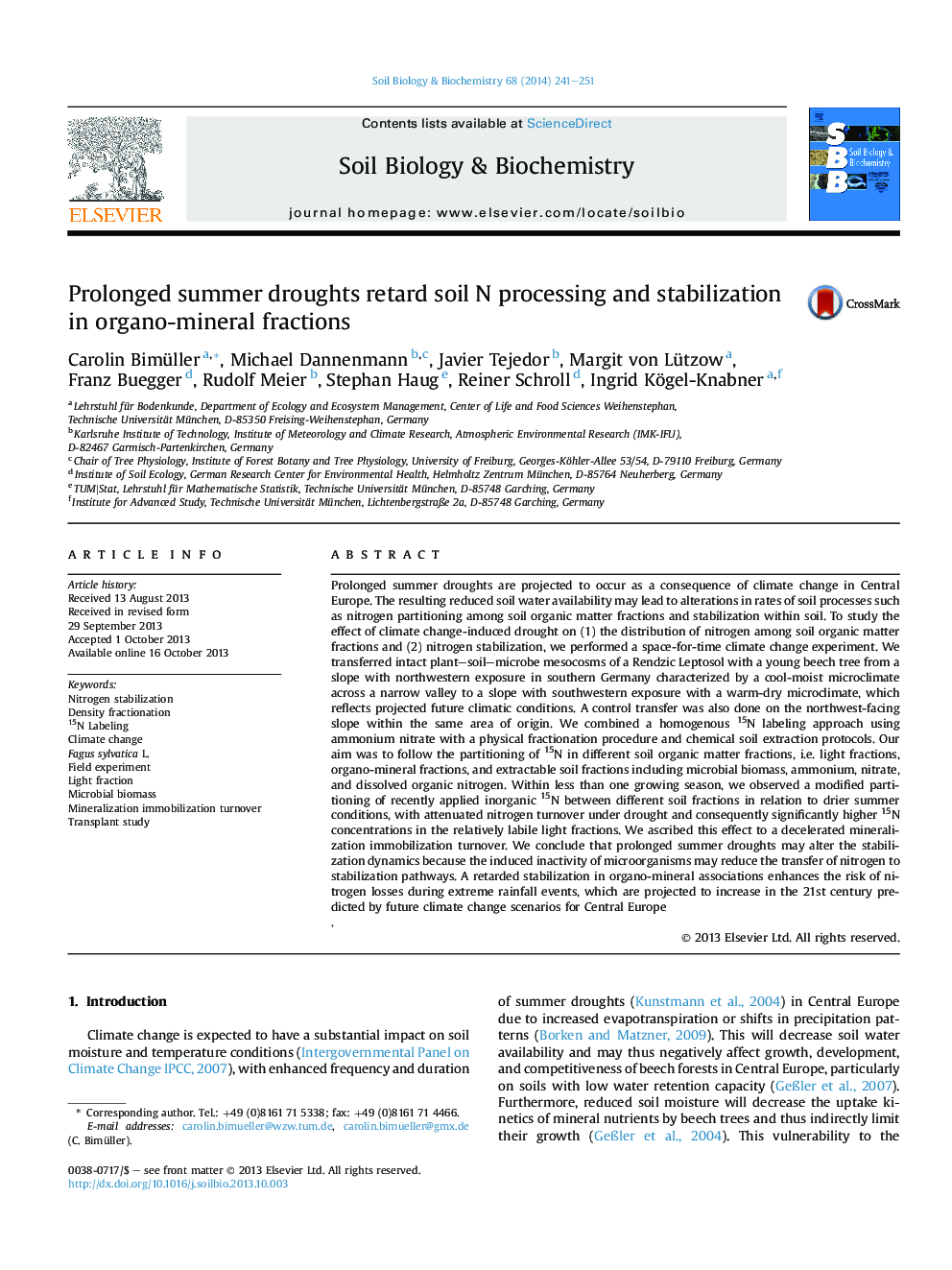 Prolonged summer droughts retard soil N processing and stabilization in organo-mineral fractions