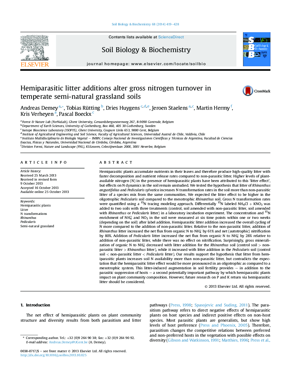 Hemiparasitic litter additions alter gross nitrogen turnover in temperate semi-natural grassland soils