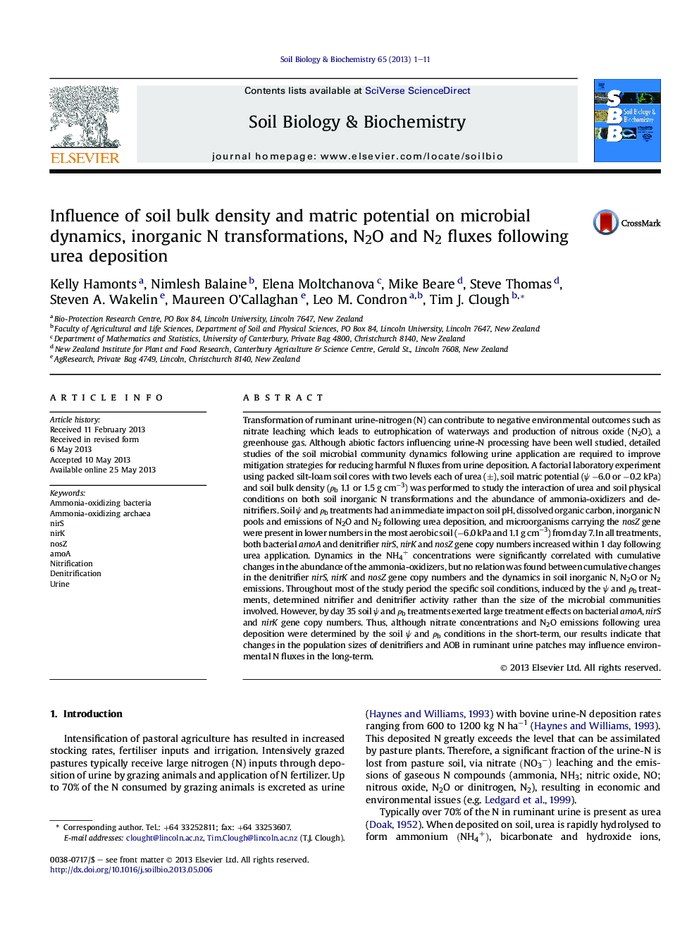 Influence of soil bulk density and matric potential on microbial dynamics, inorganic N transformations, N2O and N2 fluxes following urea deposition