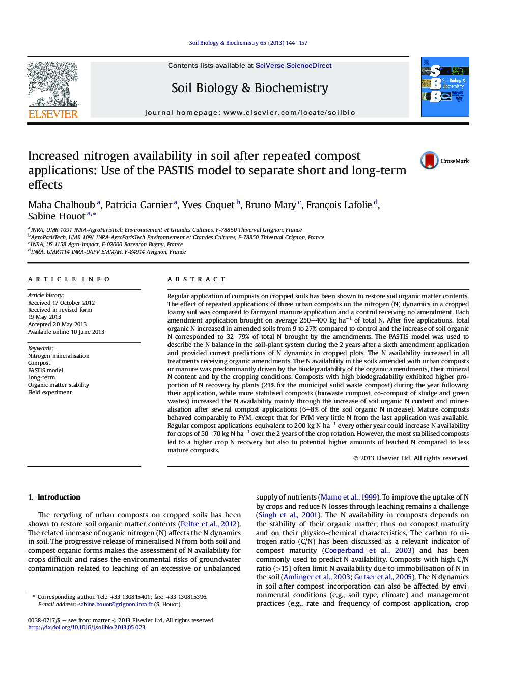 Increased nitrogen availability in soil after repeated compost applications: Use of the PASTIS model to separate short and long-term effects