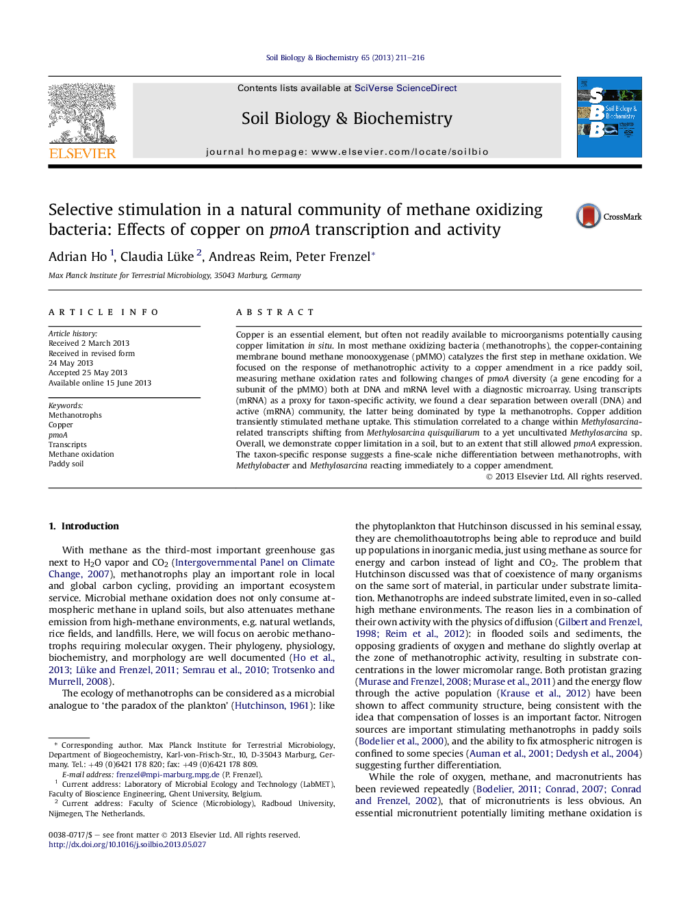 Selective stimulation in a natural community of methane oxidizing bacteria: Effects of copper on pmoA transcription and activity