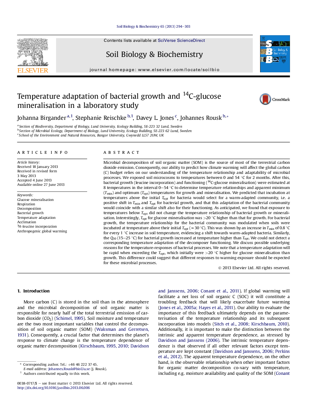 Temperature adaptation of bacterial growth and 14C-glucose mineralisation in a laboratory study