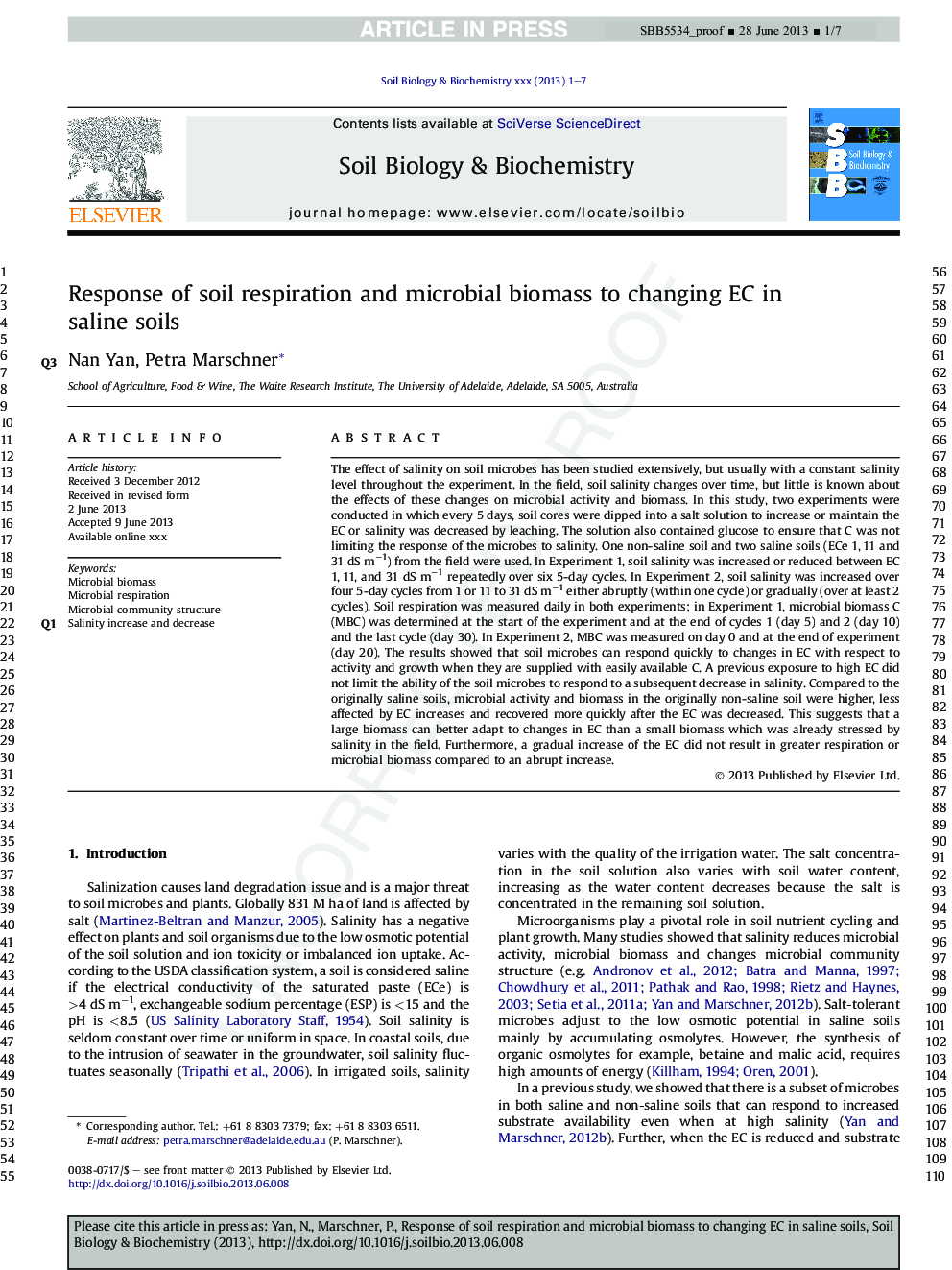 Response of soil respiration and microbial biomass to changing EC in saline soils