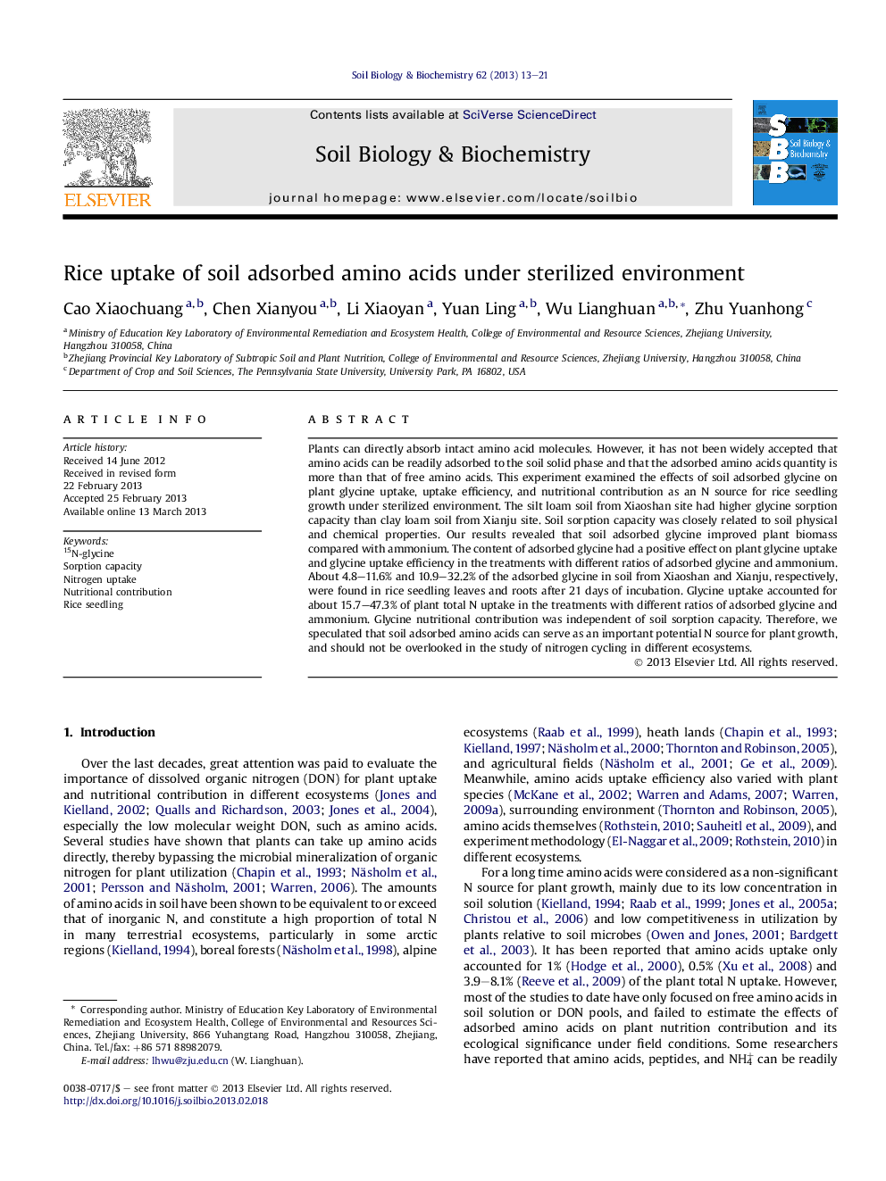 Rice uptake of soil adsorbed amino acids under sterilized environment