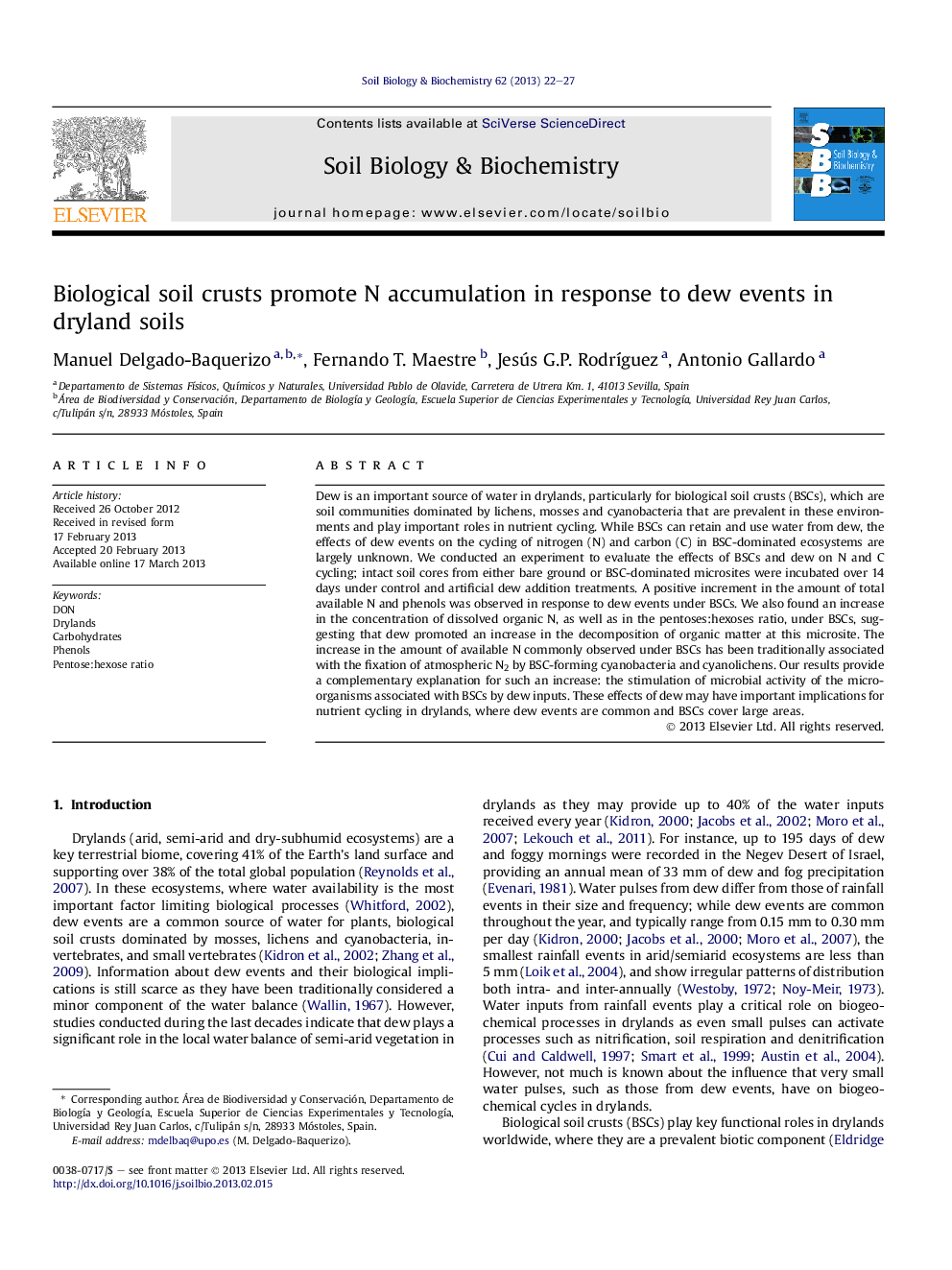 Biological soil crusts promote N accumulation in response to dew events in dryland soils