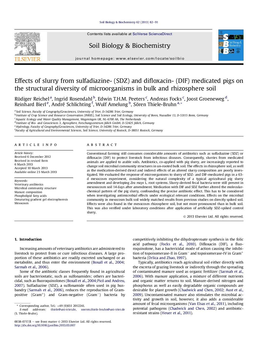 Effects of slurry from sulfadiazine- (SDZ) and difloxacin- (DIF) medicated pigs on the structural diversity of microorganisms in bulk and rhizosphere soil