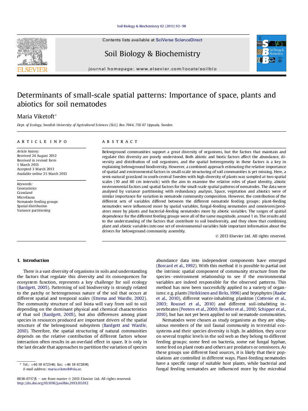 Determinants of small-scale spatial patterns: Importance of space, plants and abiotics for soil nematodes