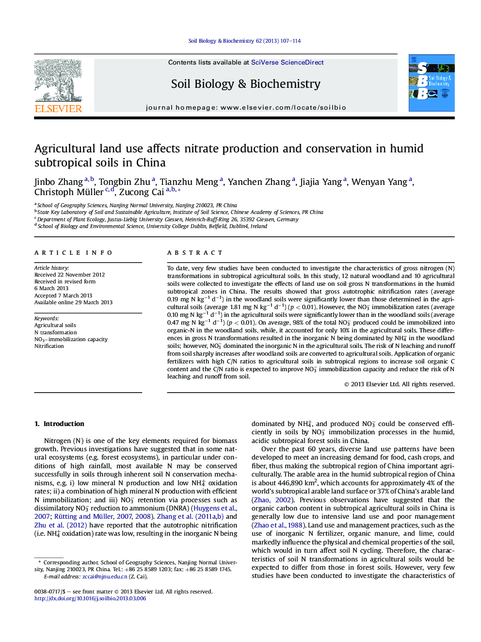 Agricultural land use affects nitrate production and conservation in humid subtropical soils in China