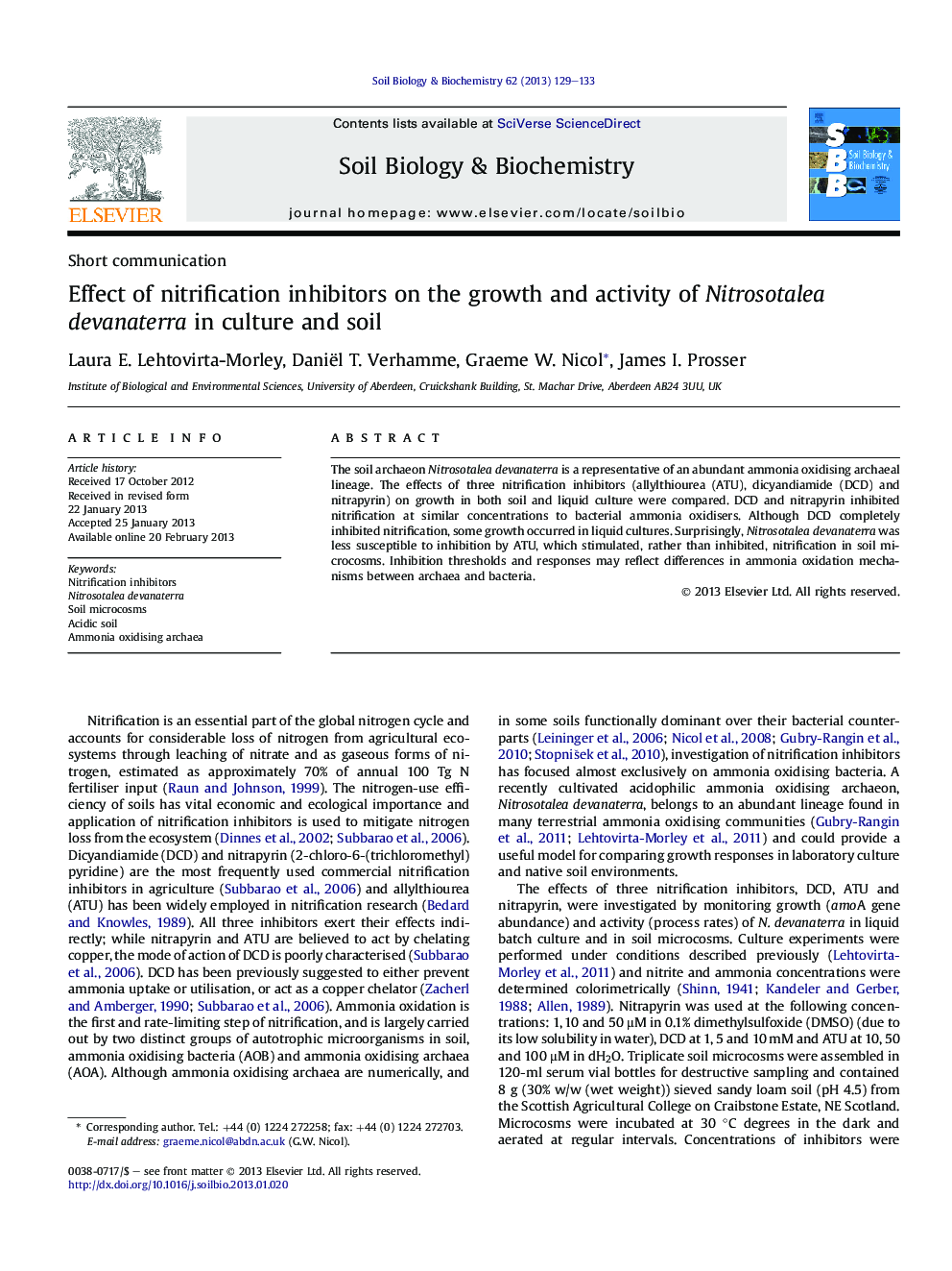 Effect of nitrification inhibitors on the growth and activity of Nitrosotalea devanaterra in culture and soil