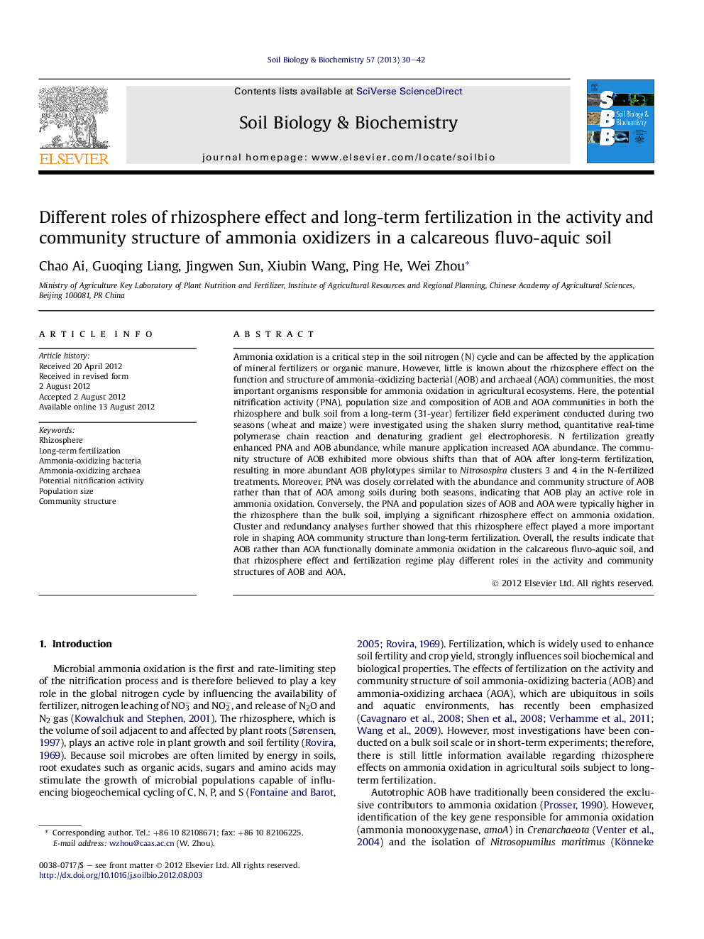 Different roles of rhizosphere effect and long-term fertilization in the activity and community structure of ammonia oxidizers in a calcareous fluvo-aquic soil