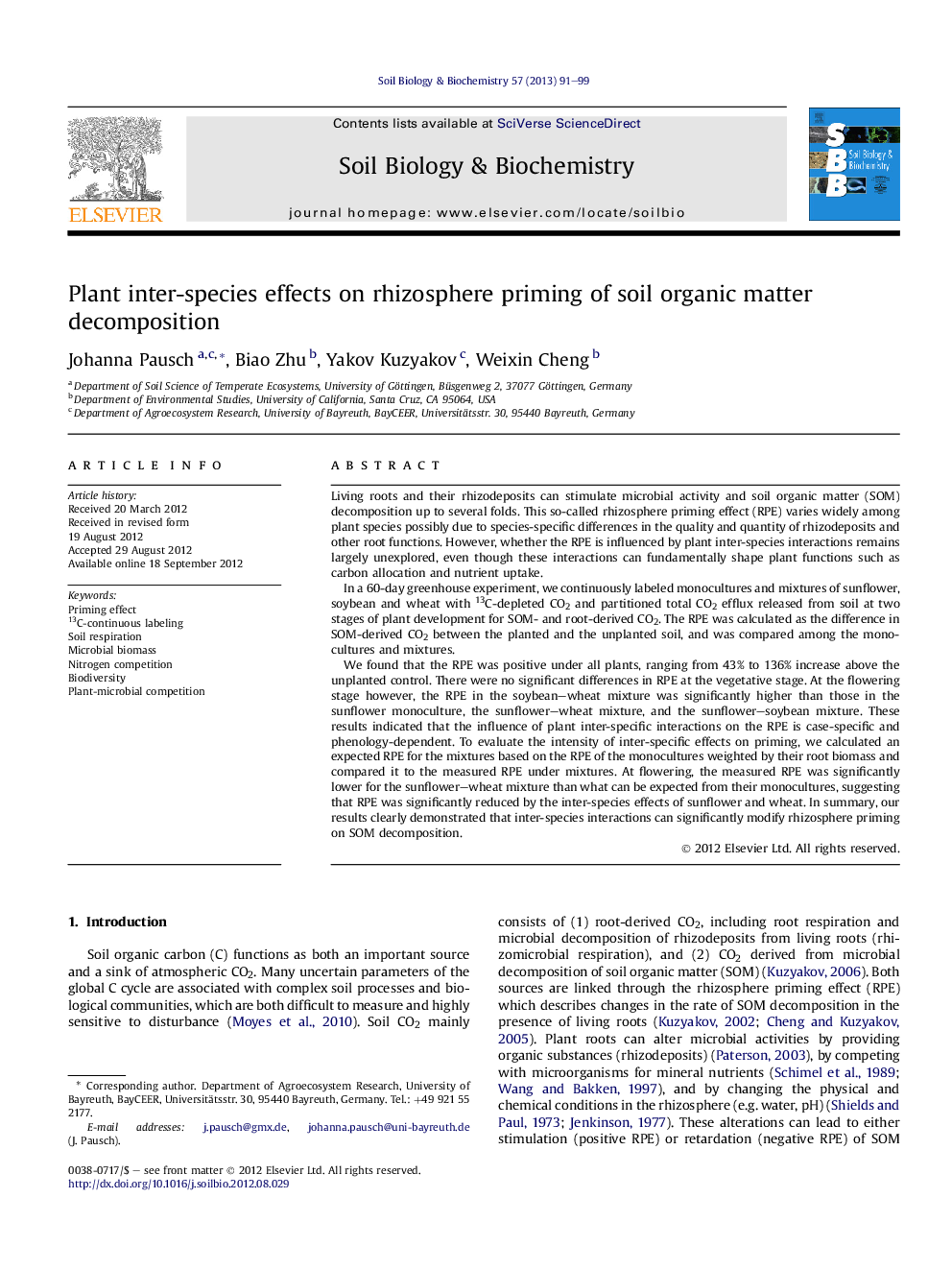 Plant inter-species effects on rhizosphere priming of soil organic matter decomposition