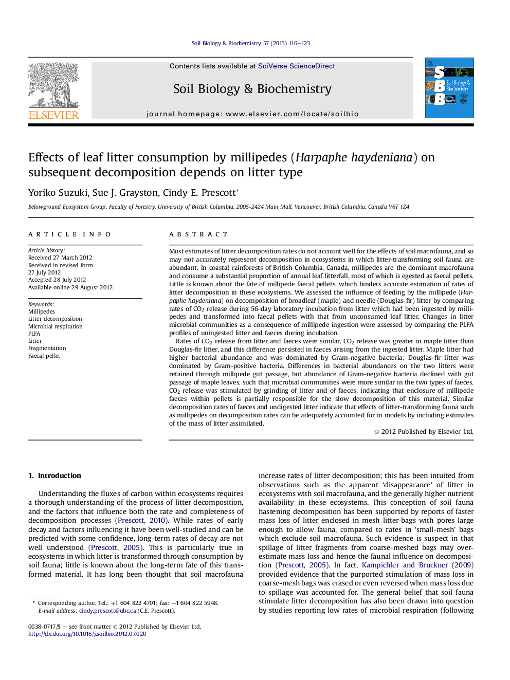 Effects of leaf litter consumption by millipedes (Harpaphe haydeniana) on subsequent decomposition depends on litter type