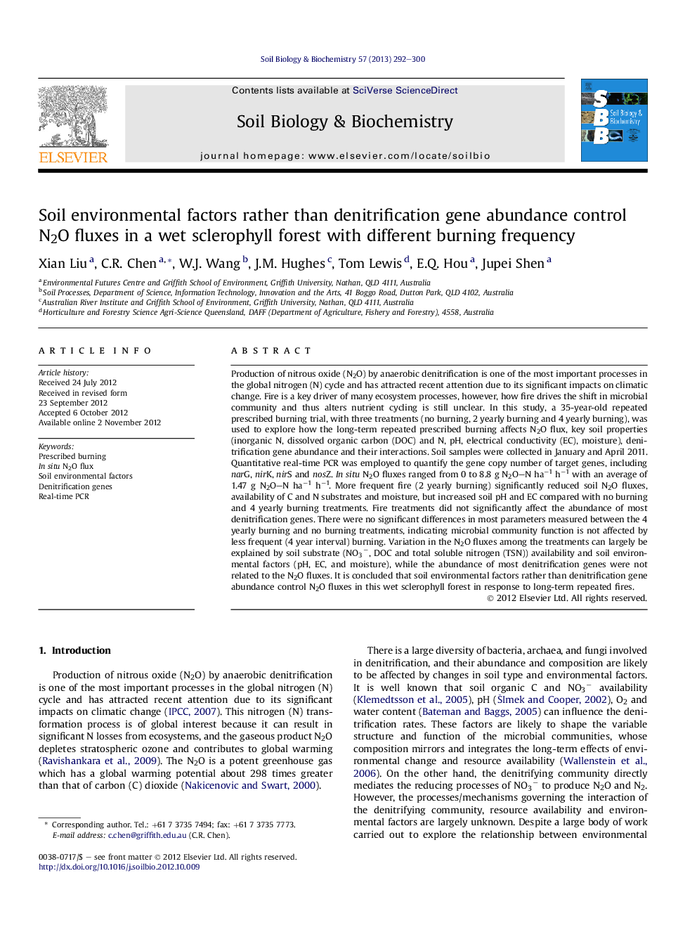 Soil environmental factors rather than denitrification gene abundance control N2O fluxes in a wet sclerophyll forest with different burning frequency