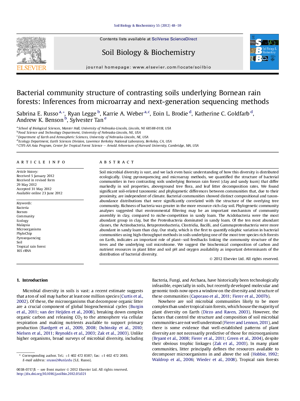 Bacterial community structure of contrasting soils underlying Bornean rain forests: Inferences from microarray and next-generation sequencing methods