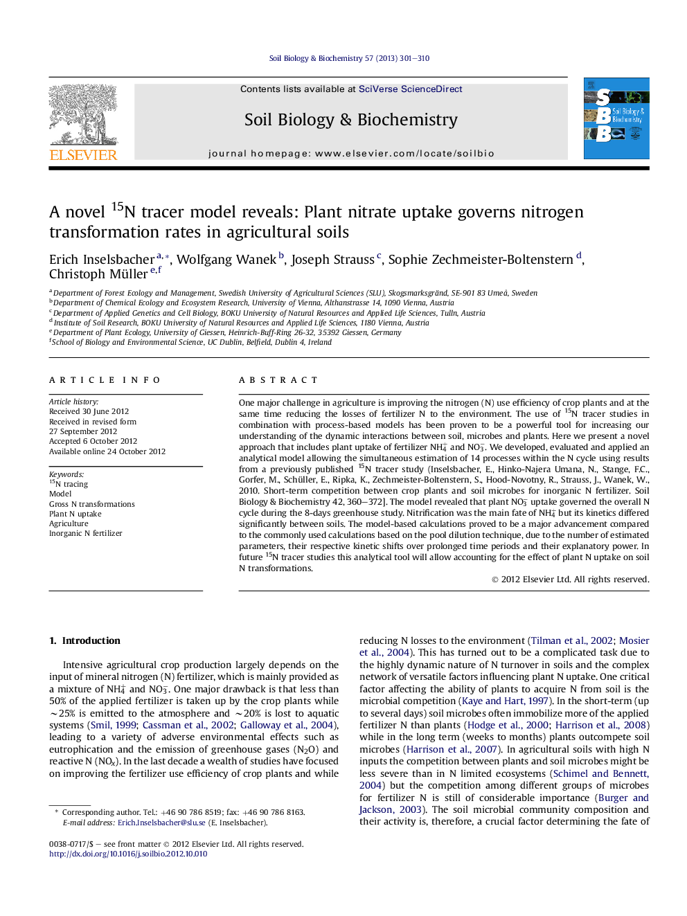 A novel 15N tracer model reveals: Plant nitrate uptake governs nitrogen transformation rates in agricultural soils