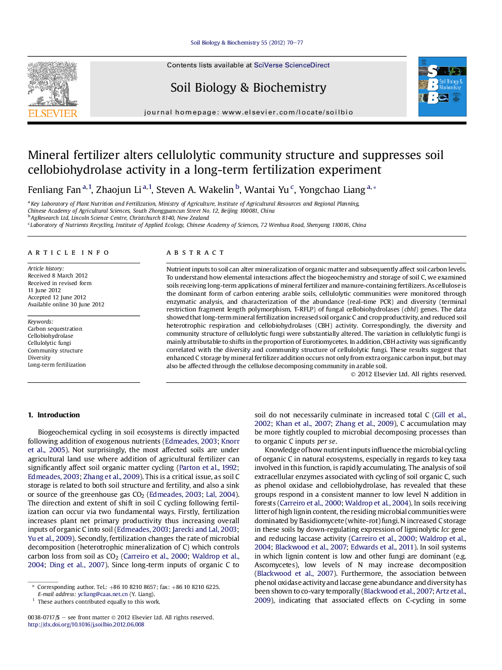 Mineral fertilizer alters cellulolytic community structure and suppresses soil cellobiohydrolase activity in a long-term fertilization experiment