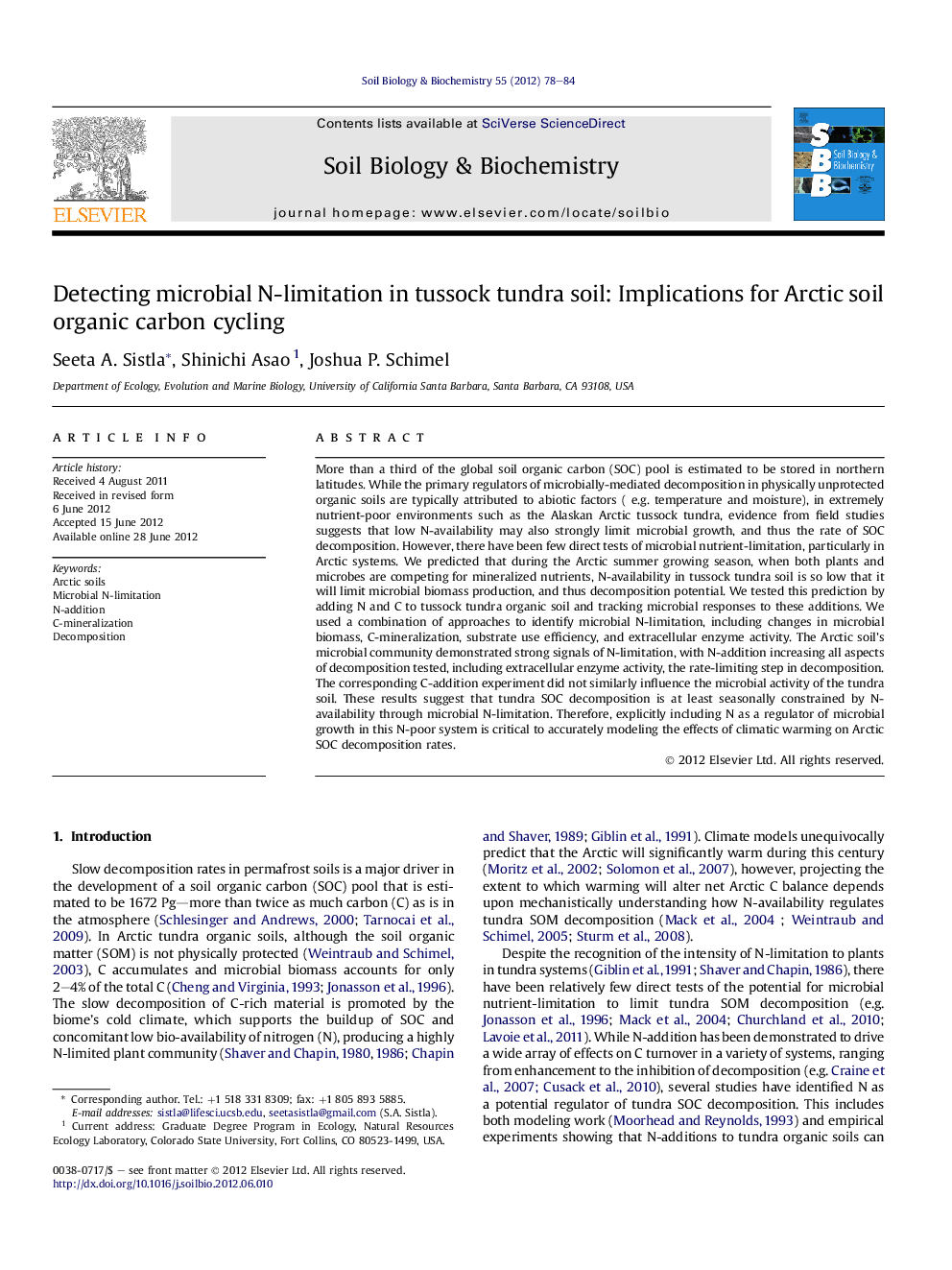 Detecting microbial N-limitation in tussock tundra soil: Implications for Arctic soil organic carbon cycling