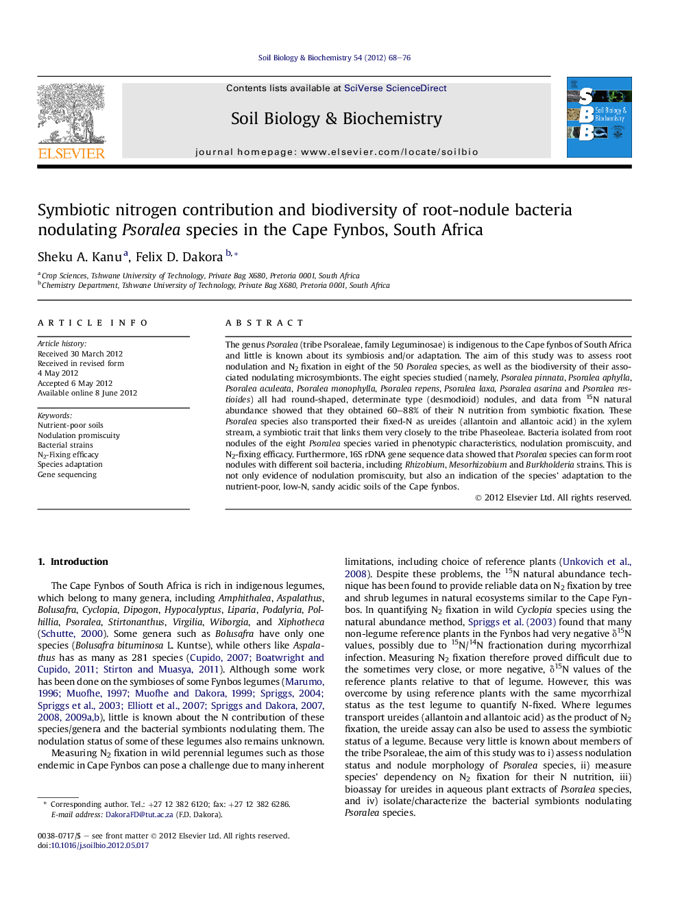 Symbiotic nitrogen contribution and biodiversity of root-nodule bacteria nodulating Psoralea species in the Cape Fynbos, South Africa