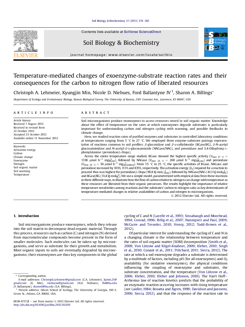 Temperature-mediated changes of exoenzyme-substrate reaction rates and their consequences for the carbon to nitrogen flow ratio of liberated resources