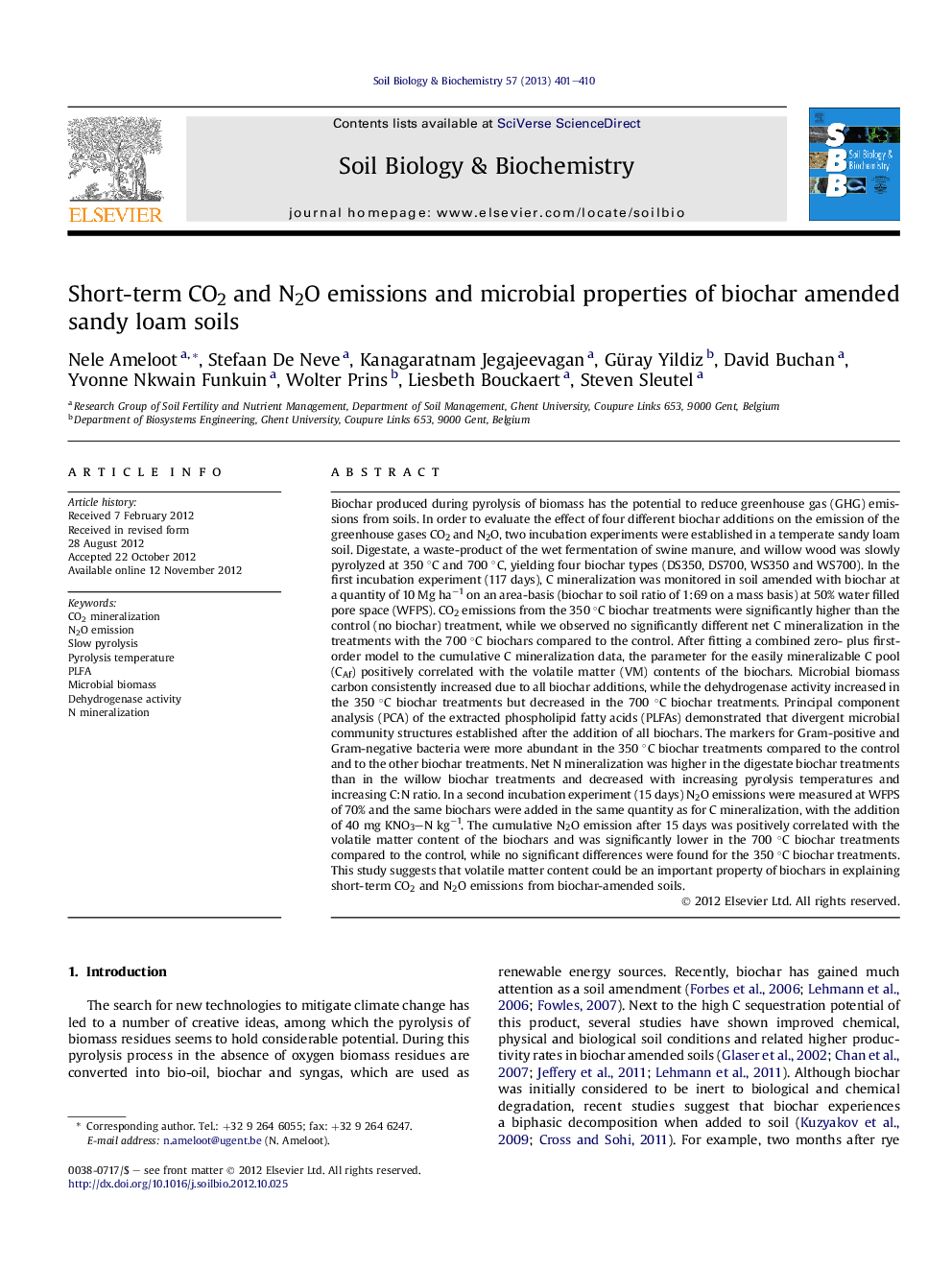 Short-term CO2 and N2O emissions and microbial properties of biochar amended sandy loam soils