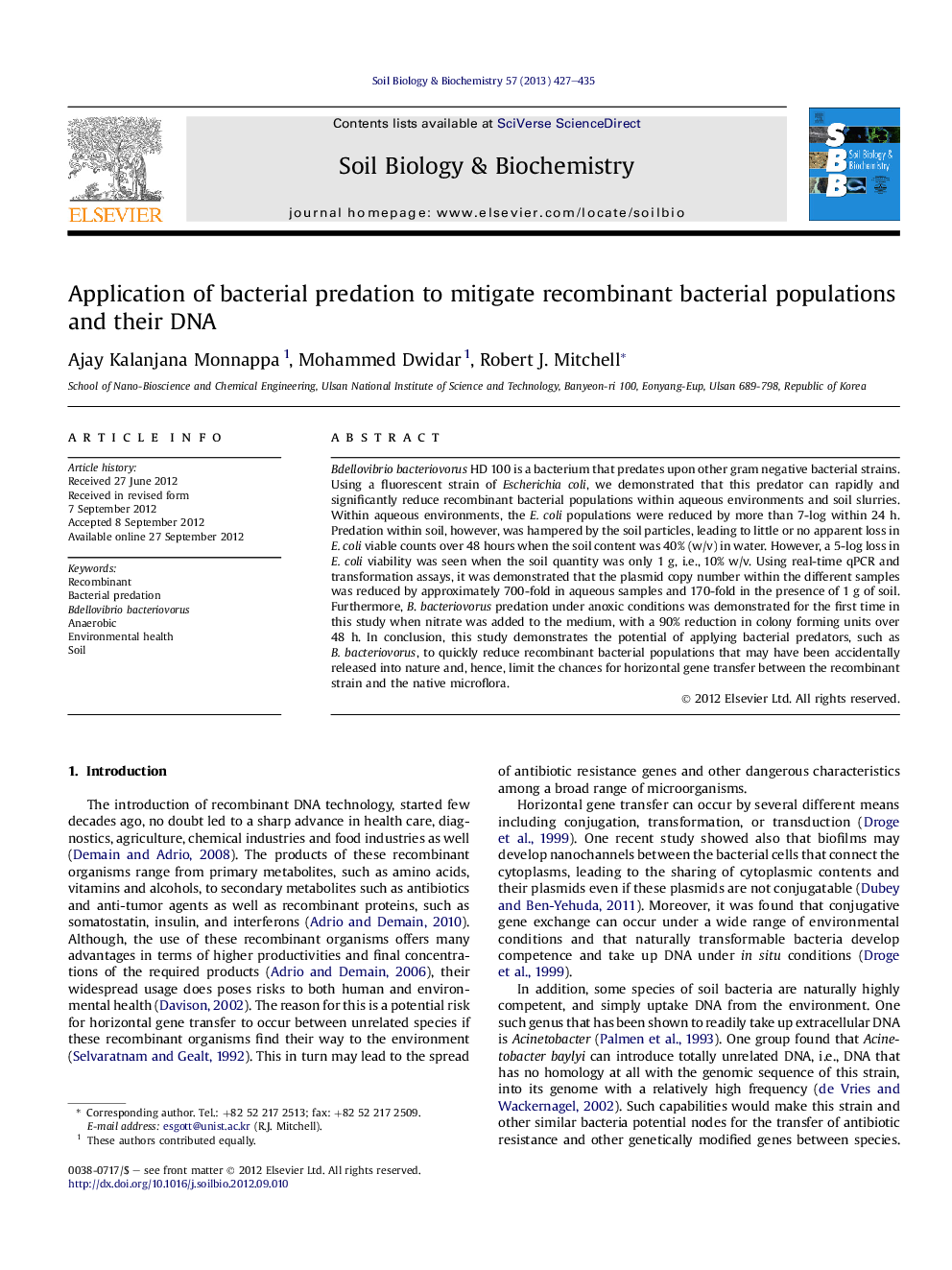 Application of bacterial predation to mitigate recombinant bacterial populations and their DNA