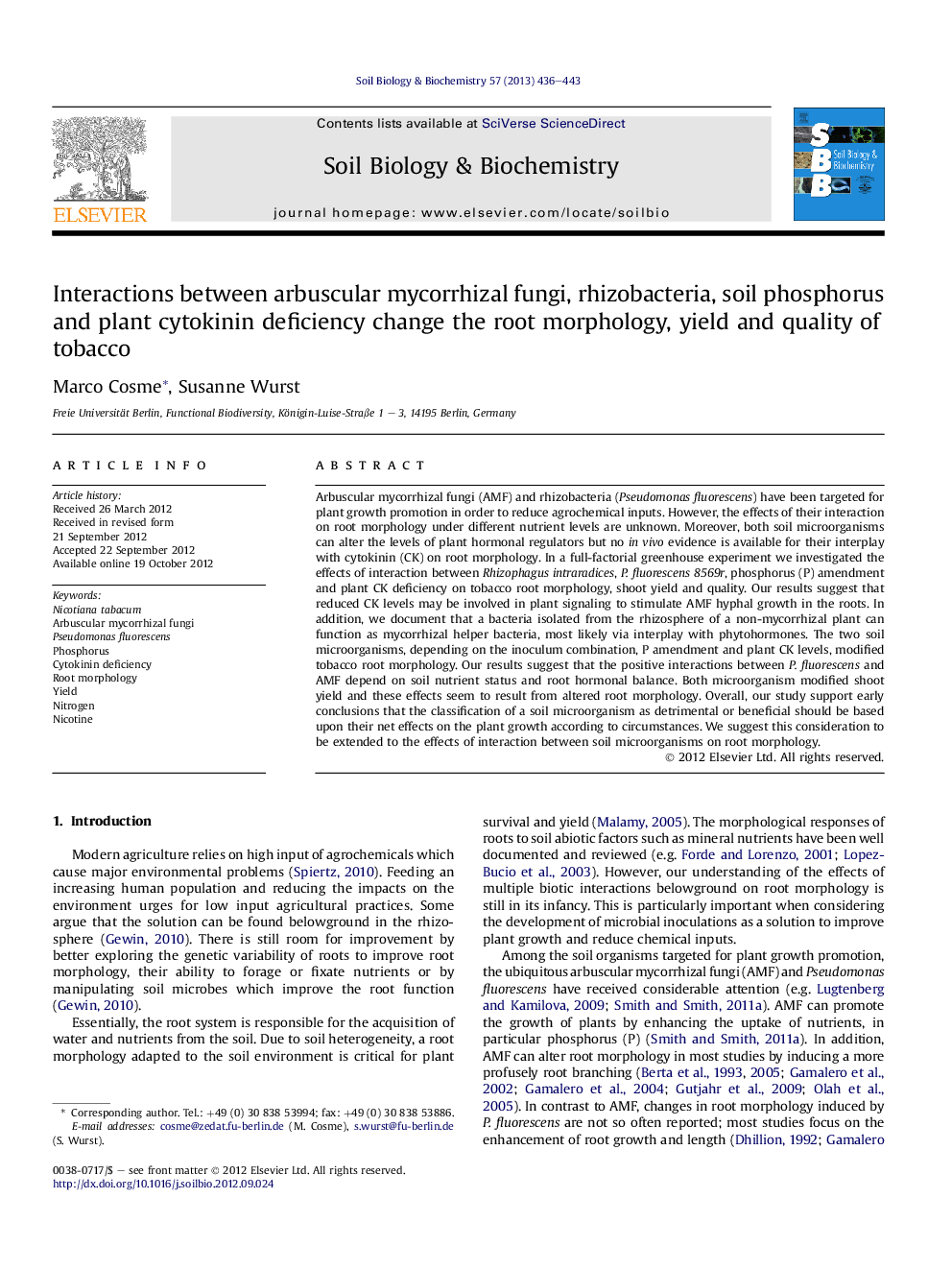 Interactions between arbuscular mycorrhizal fungi, rhizobacteria, soil phosphorus and plant cytokinin deficiency change the root morphology, yield and quality of tobacco