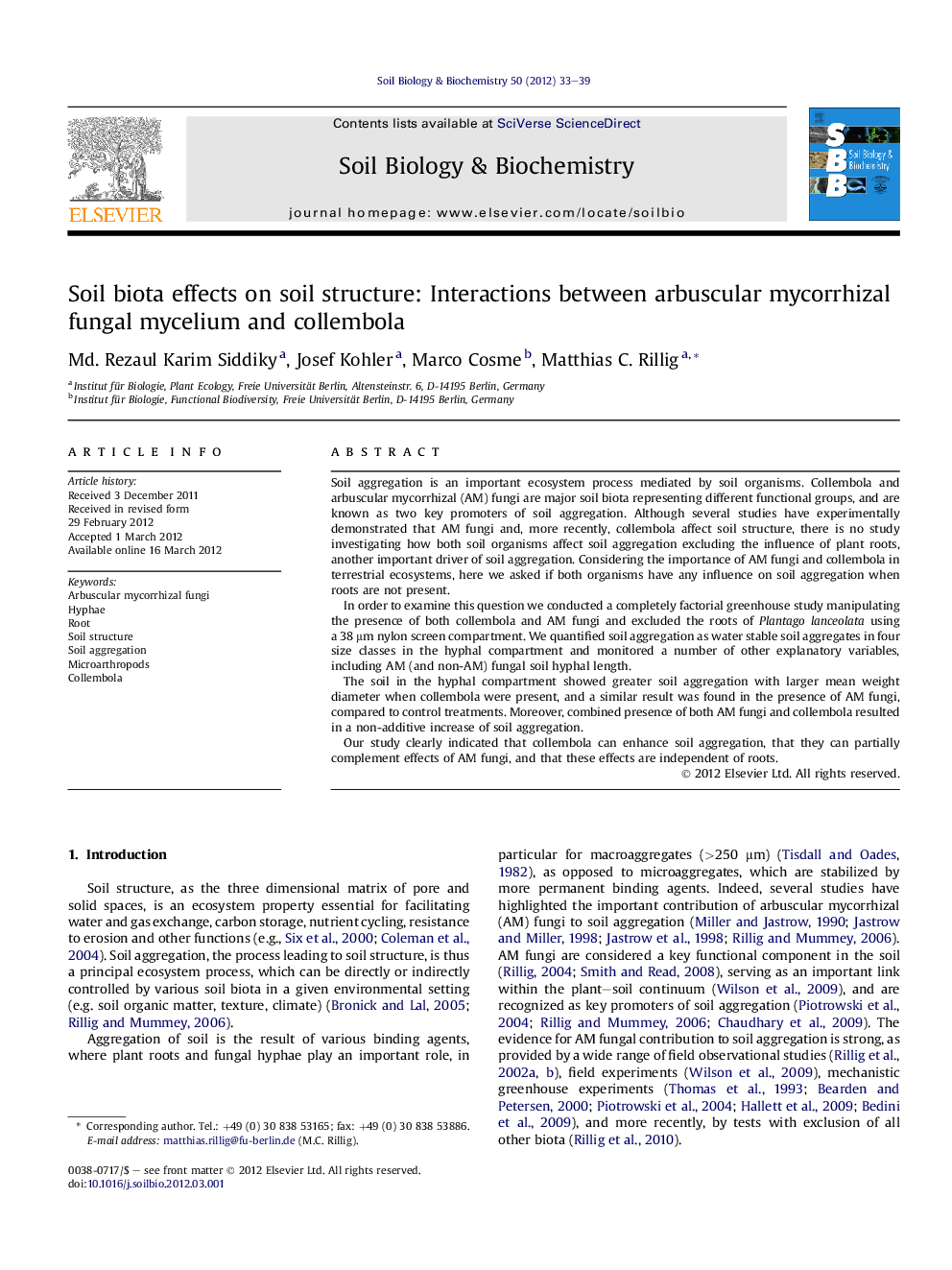 Soil biota effects on soil structure: Interactions between arbuscular mycorrhizal fungal mycelium and collembola