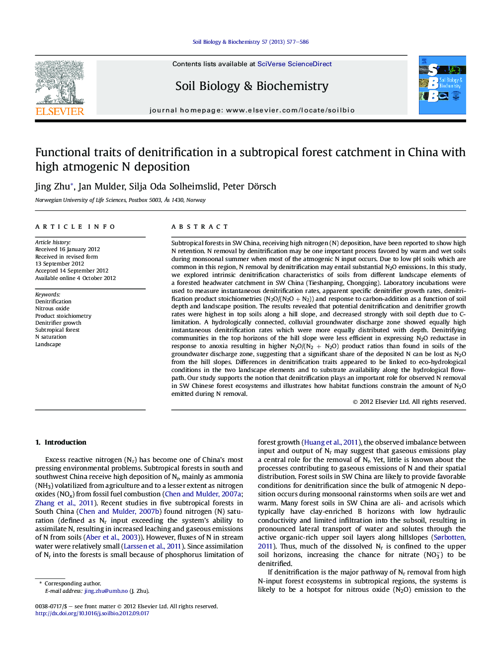 Functional traits of denitrification in a subtropical forest catchment in China with high atmogenic N deposition