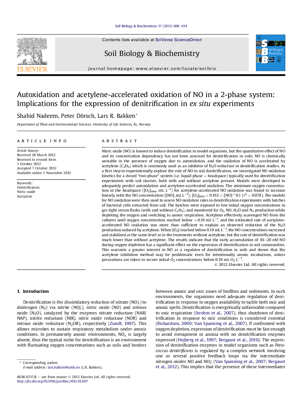 Autoxidation and acetylene-accelerated oxidation of NO in a 2-phase system: Implications for the expression of denitrification in ex situ experiments