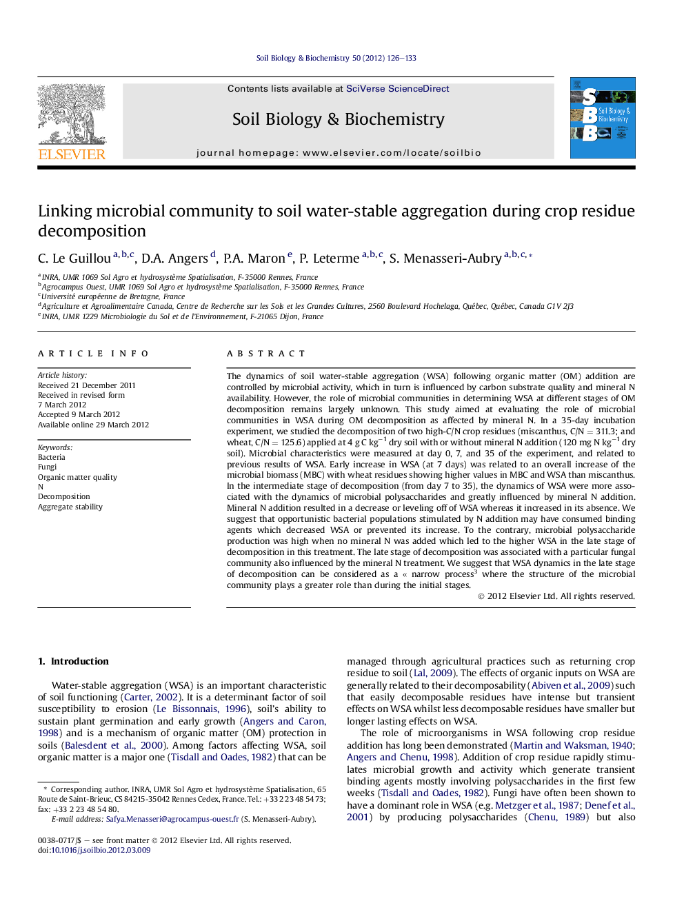 Linking microbial community to soil water-stable aggregation during crop residue decomposition