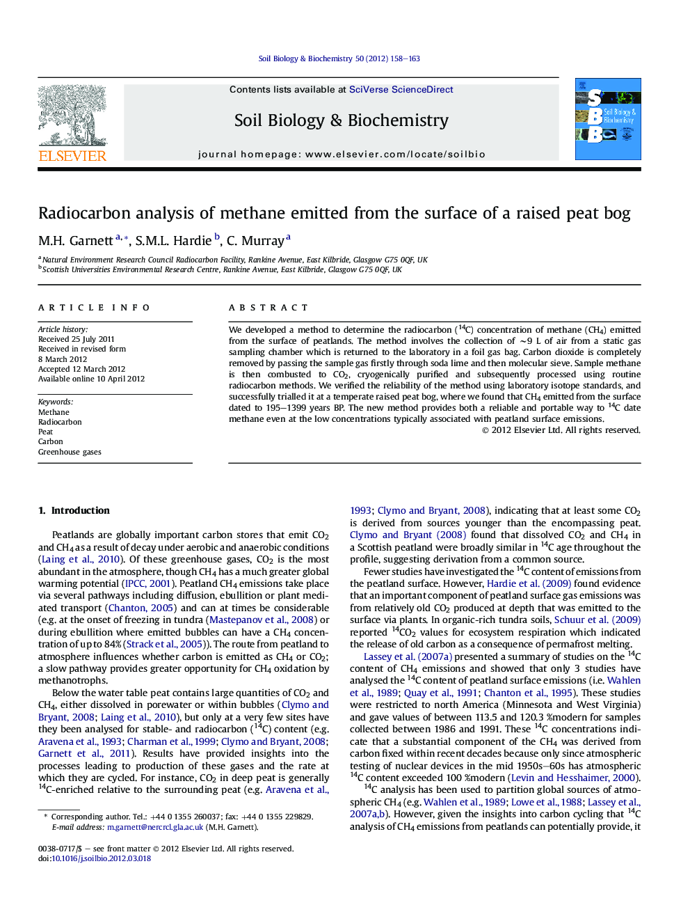 Radiocarbon analysis of methane emitted from the surface of a raised peat bog