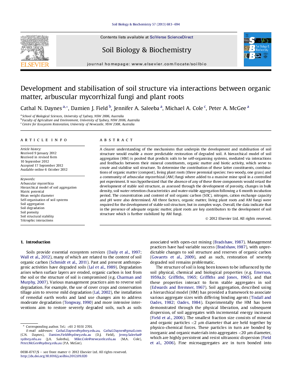 Development and stabilisation of soil structure via interactions between organic matter, arbuscular mycorrhizal fungi and plant roots