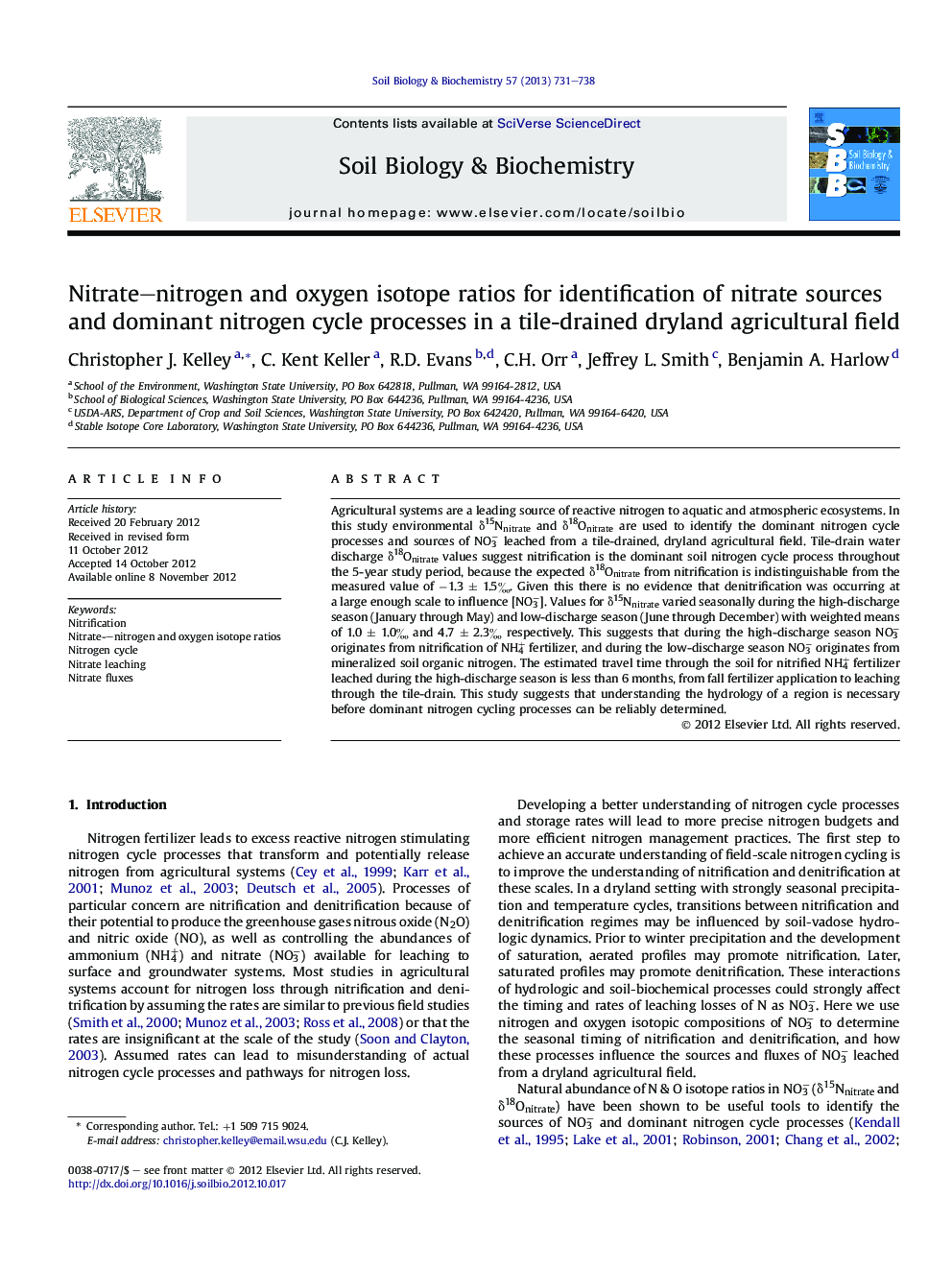 Nitrate-nitrogen and oxygen isotope ratios for identification of nitrate sources and dominant nitrogen cycle processes in a tile-drained dryland agricultural field