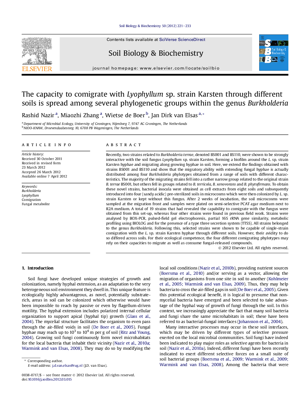 The capacity to comigrate with Lyophyllum sp. strain Karsten through different soils is spread among several phylogenetic groups within the genus Burkholderia