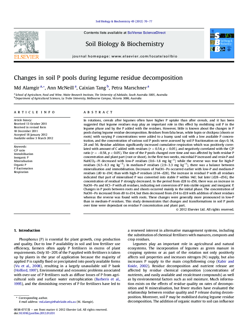 Changes in soil P pools during legume residue decomposition