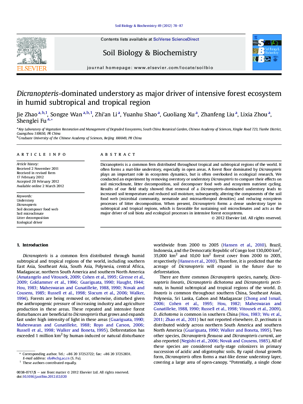 Dicranopteris-dominated understory as major driver of intensive forest ecosystem in humid subtropical and tropical region