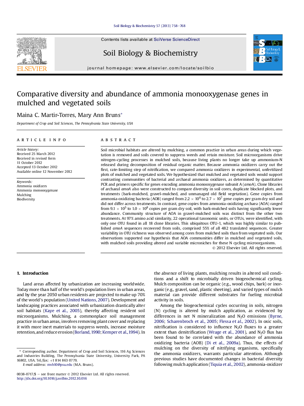 Comparative diversity and abundance of ammonia monooxygenase genes in mulched and vegetated soils