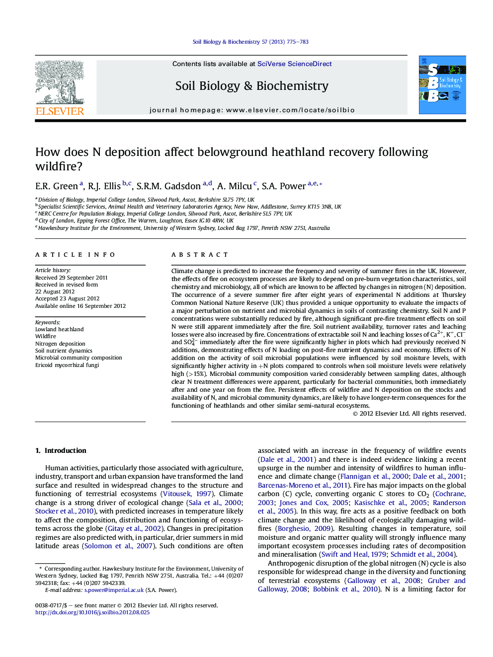 How does N deposition affect belowground heathland recovery following wildfire?