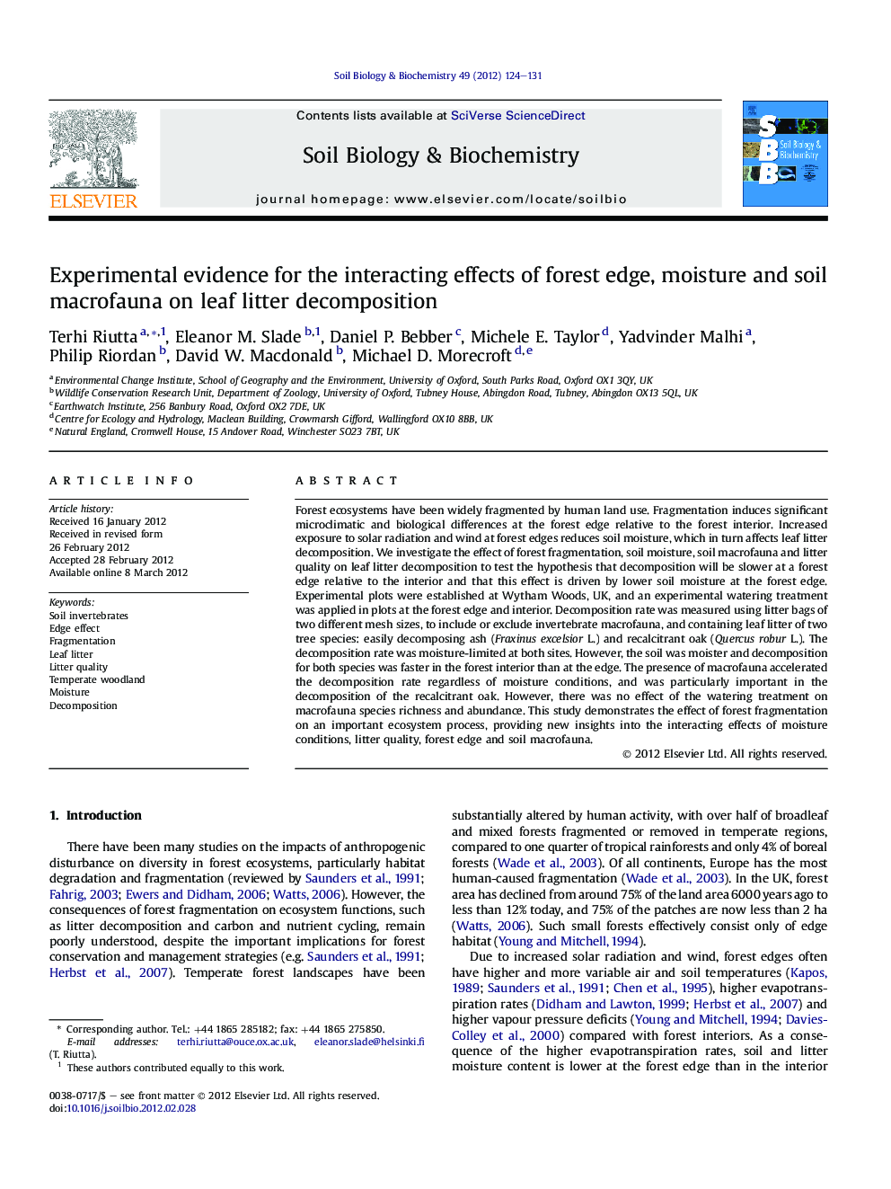 Experimental evidence for the interacting effects of forest edge, moisture and soil macrofauna on leaf litter decomposition