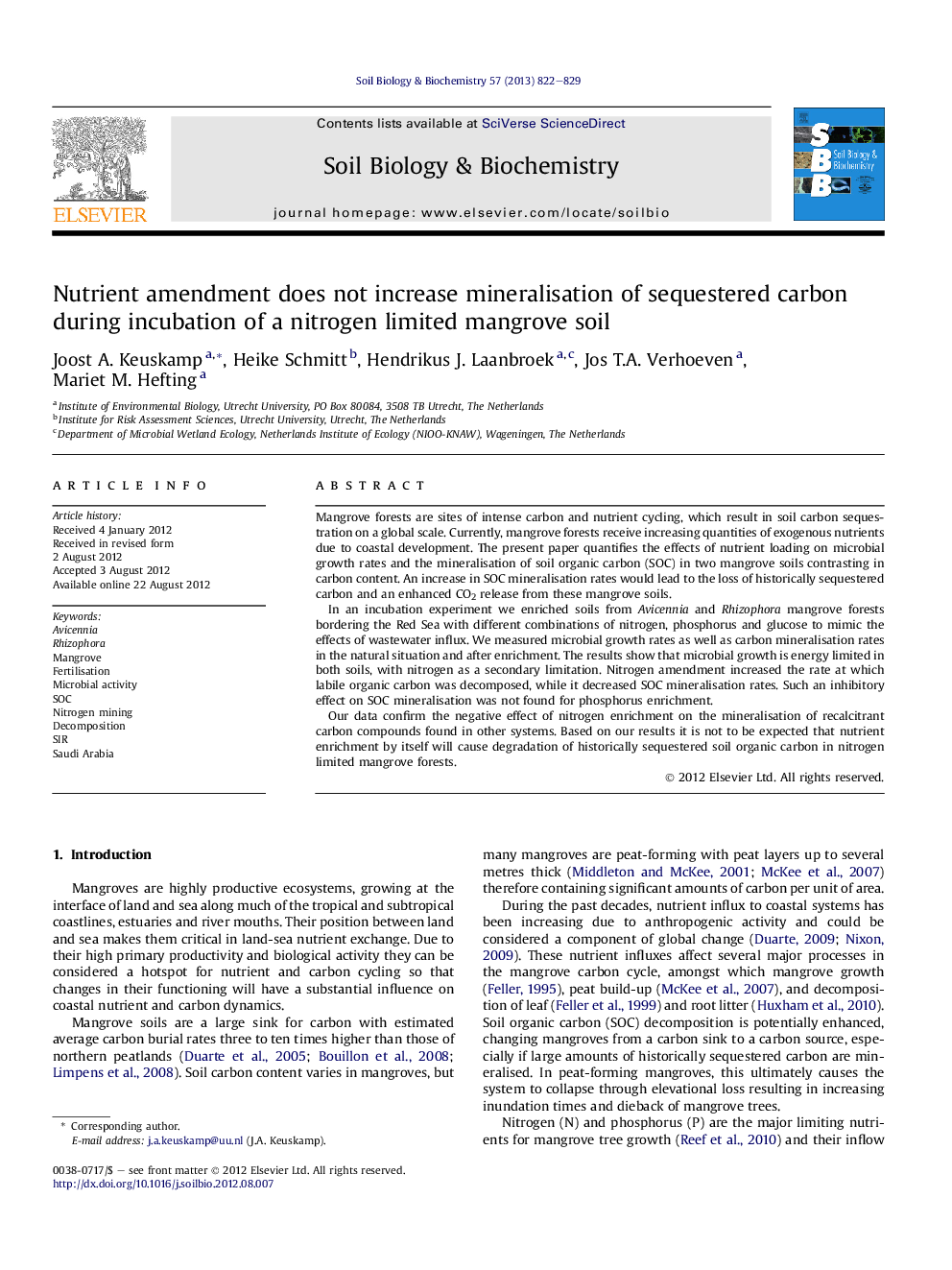 Nutrient amendment does not increase mineralisation of sequestered carbon during incubation of a nitrogen limited mangrove soil