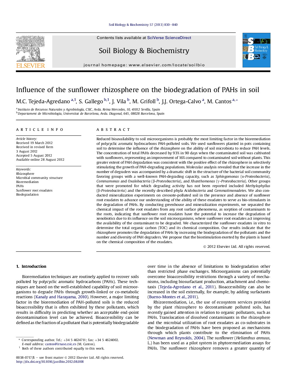 Influence of the sunflower rhizosphere on the biodegradation of PAHs in soil