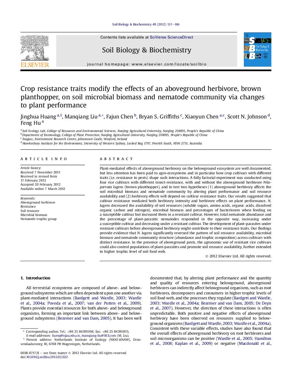 Crop resistance traits modify the effects of an aboveground herbivore, brown planthopper, on soil microbial biomass and nematode community via changes to plant performance