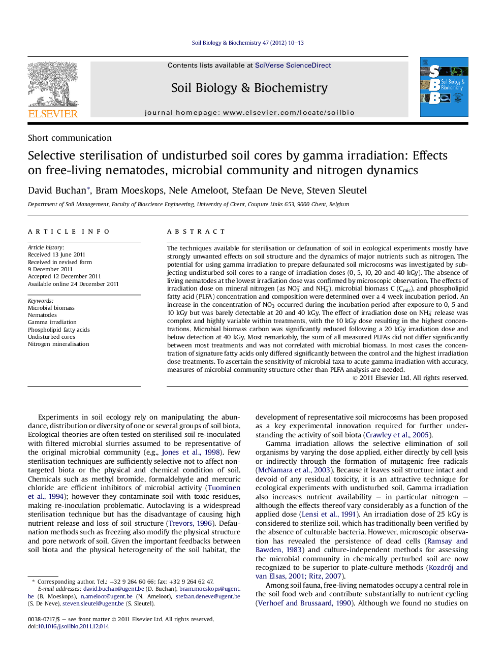 Selective sterilisation of undisturbed soil cores by gamma irradiation: Effects on free-living nematodes, microbial community and nitrogen dynamics